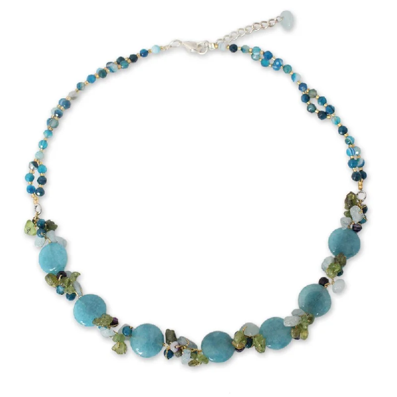 turquoise stone pendant necklace-Handmade Multi-gemstone 'Light Blue Peonies' Necklace (Thailand) - 17.75" L x 0.6" W