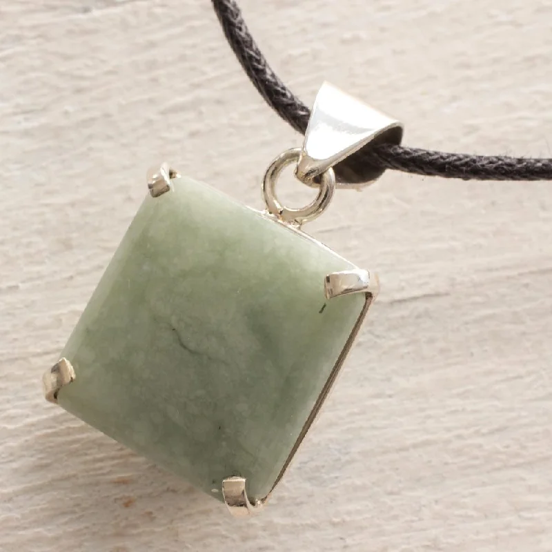 gemstone charm pendant necklace-Handmade Sterling Silver 'Abstract Square' Jade Necklace (Guatemala)