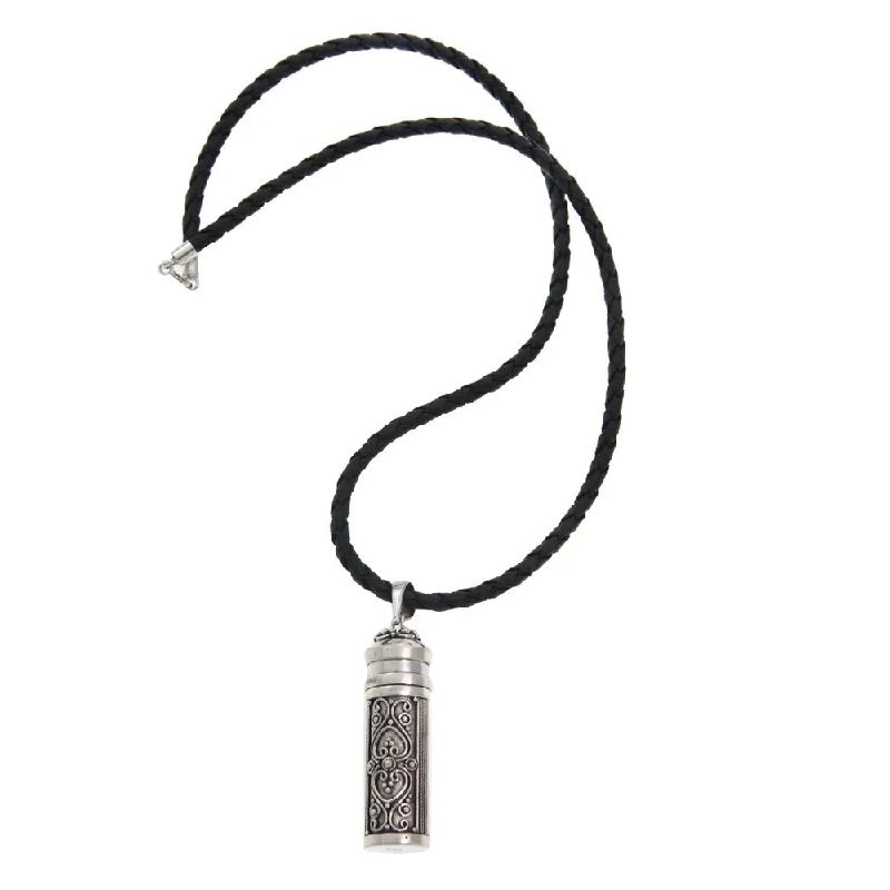 men’s infinity chain necklace-Handmade Sterling Silver and Leather Locket Necklace, 'Royal Tower' (Indonesia)