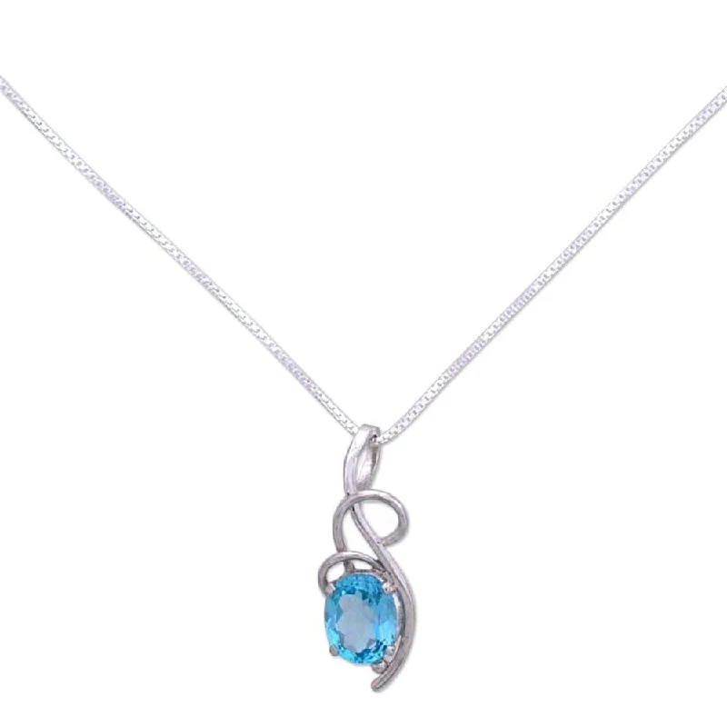 heart-shaped crystal pendant necklace-Handmade Sterling Silver 'Blue Sky' Topaz Necklace (India)