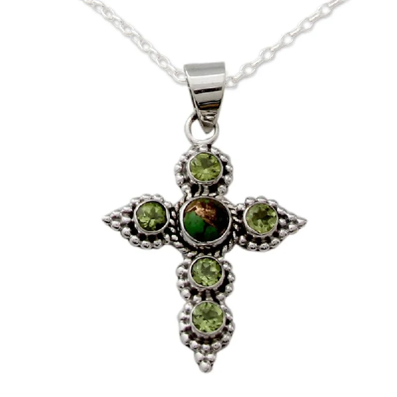 engraved gemstone necklace-Handmade Sterling Silver 'Divine Harmony' Turquoise Peridot Necklace (India)