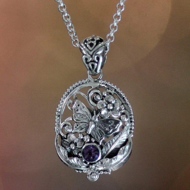 zodiac pendant necklace for women-Handmade Sterling Silver 'Frangipani Butterfly' Amethyst Necklace (Indonesia)