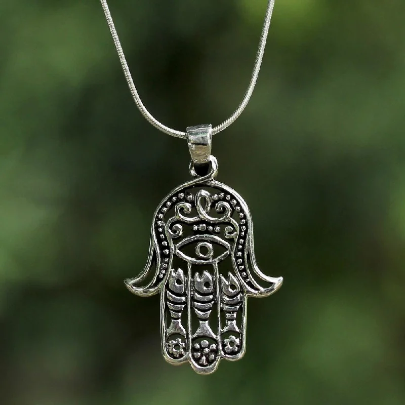 sterling silver zodiac necklace-Handmade Sterling Silver 'Hamsa Charm' Necklace (Thailand)