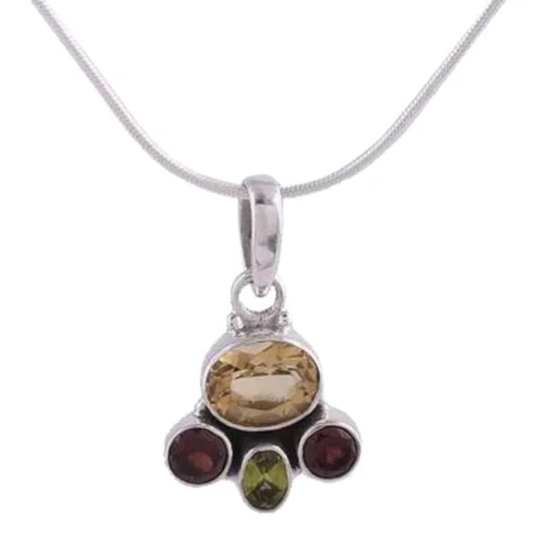 custom engraved necklace for dad-Handmade Sterling Silver 'Harmony' Garnet Citrine Necklace (India) - 0.6"x1"