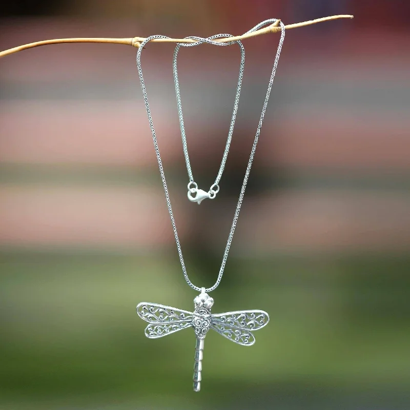 engraved name necklace for mom-Handmade Sterling Silver Pendant Necklace, 'Lucky Dragonfly' (Indonesia) - 7'6" x 9'6"