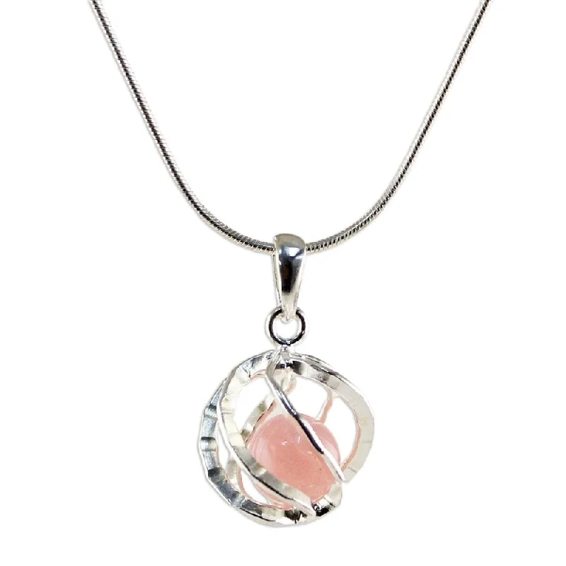 engraved silver pendant for men-Handmade Sterling Silver 'Pink Orb of Energy' Rose Quartz Necklace (Thailand)