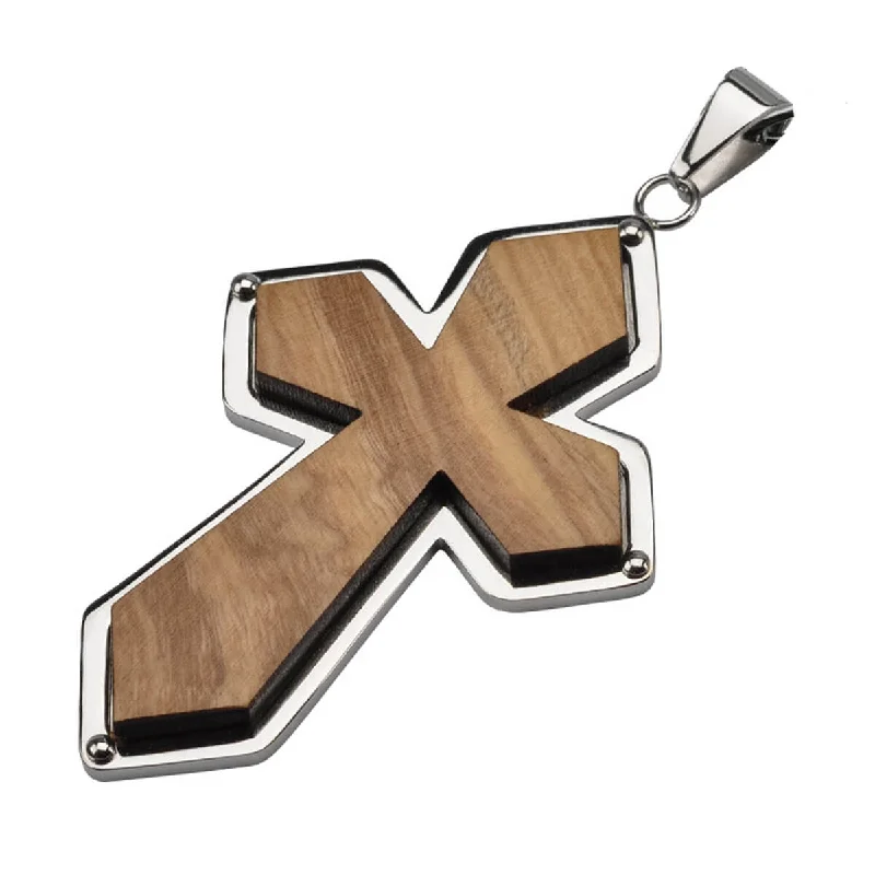 zodiac sign pendant necklace for men-HOLY LAND CROSS Olive Wood and Steel Necklace Pendant for Men