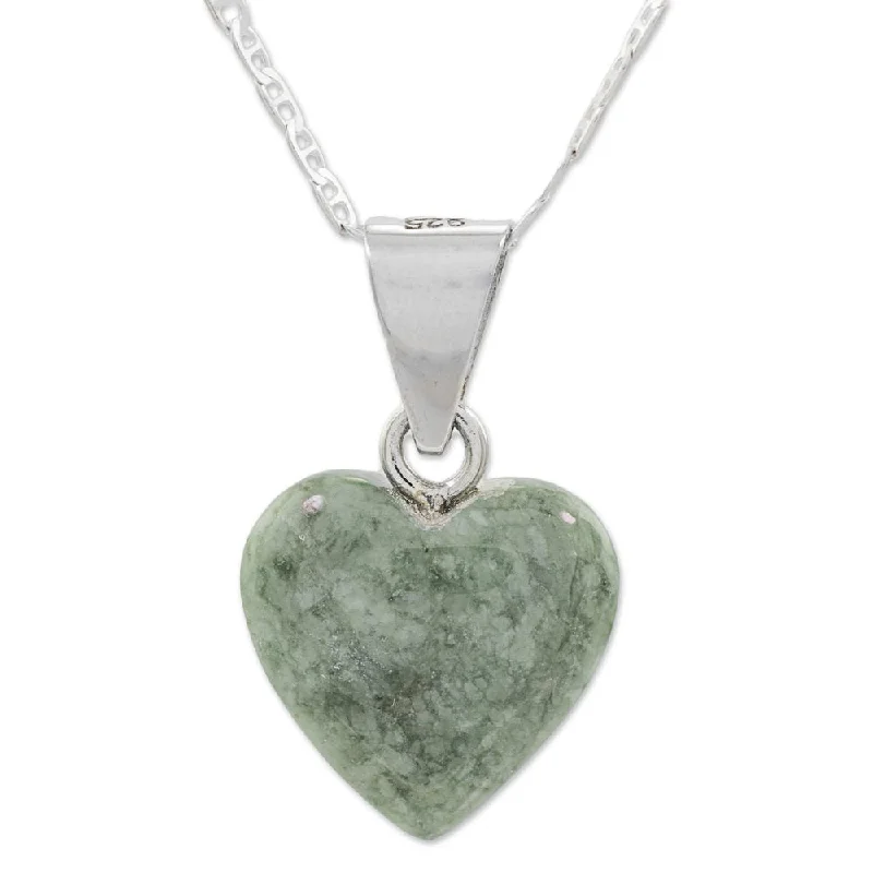 sterling silver pendant necklace for men-Jade Pendant Necklace, 'Mayan Heart In Light Green' (Guatemala) - 7'6" x 9'6"