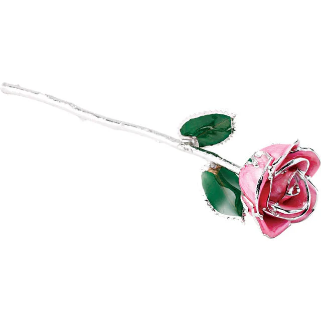 women’s delicate crystal necklace-Real Lacquered Pink Rose with Platinum Trim