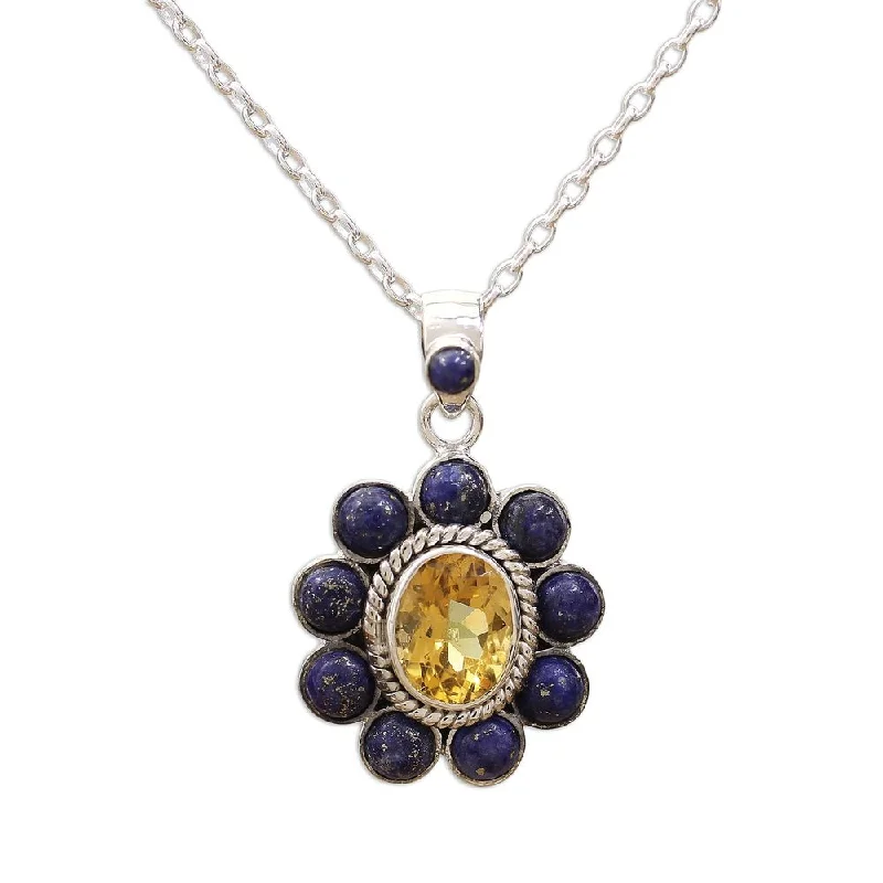 dainty circle pendant necklace-Lapis Lazuli and Citrine Pendant Necklace, 'Sunny Blue' (India) - 7'6" x 9'6" - 7'6" x 9'6"