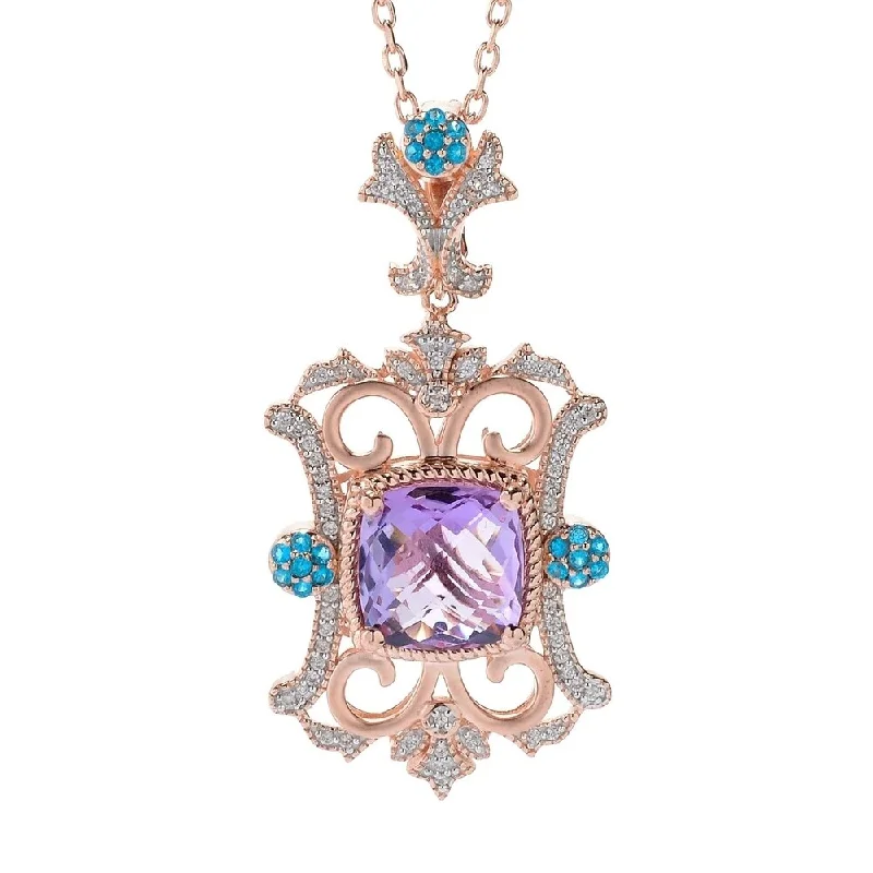 personalized women’s gold necklace-Pink Amethyst, Neon Apatite & White Zircon Enhancer Pendant w/ 24" Link Chain