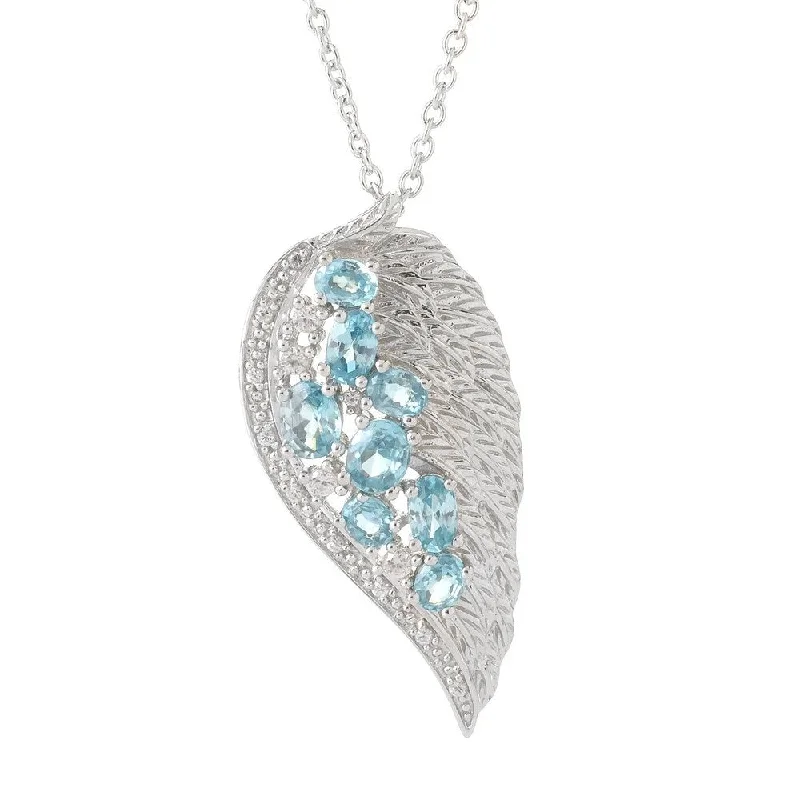 minimal gold charm necklace-Platinum over Stering Silver Blue Zircon and White Zircon Angel Wing Necklace