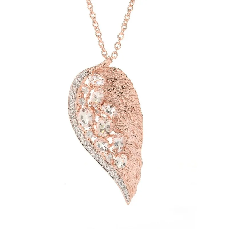 statement heart necklace-Platinum over Stering Silver Morganite and White Zircon Angel Wing Necklace