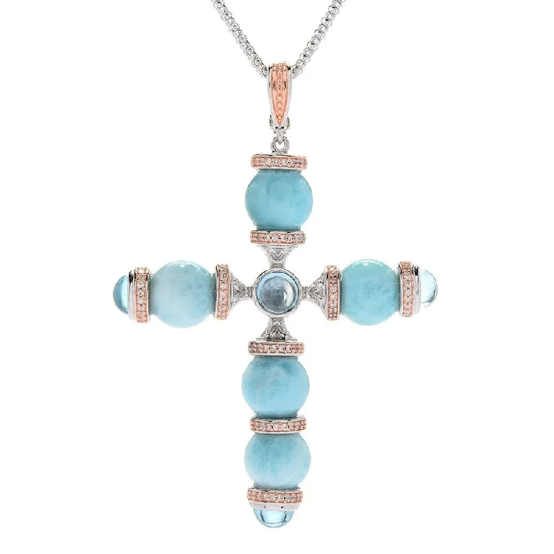 engraved silver pendant for men-Sterling Silver Larimar Bead Cross w/ 18" Chain