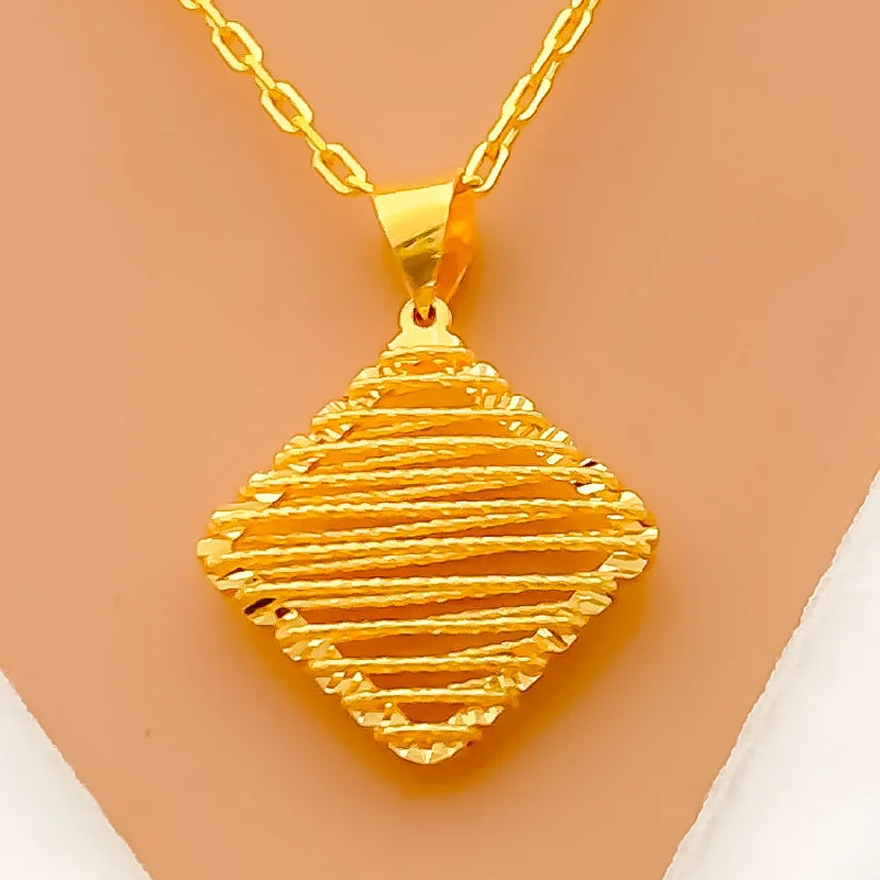 simple chain charm necklace-Stylish Subtle Square Shaped 22K Gold Pendant W/ Chan