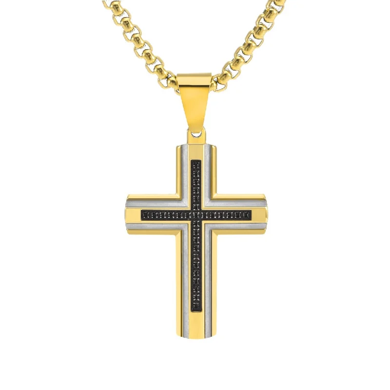 rose gold pendant necklace for mom-Titán by Adrian Gonzalez Yellow Stainless Steel 1/6 CTW Diamond 27X37MM 24-inch Cross Pendant