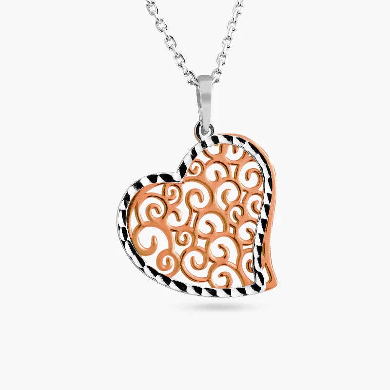 gold crystal pendant necklace-Rhodium and Rose Gold Plated 925 Sterling Silver Heart Necklace - SOP00016