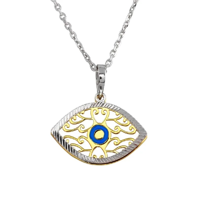 birthstone silver necklace-Two-Tone 925 Sterling Silver Blue Enamel Center Double Eye Necklace - SOP00017