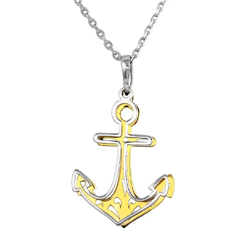 crystal bar pendant necklace-Two-Tone 925 Sterling Silver Rhodium and Gold Plated Double Anchor Necklace - SOP00014