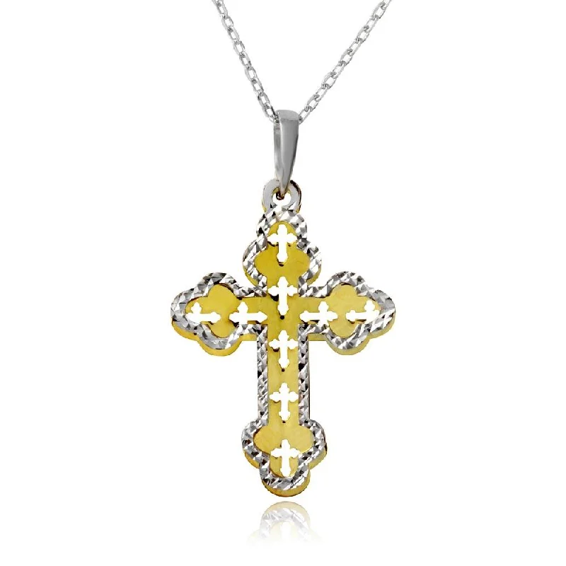 women’s pendant necklace with initials-Gold and Rhodium Plated 925 Sterling Silver Double Cross Necklace - SOP00001