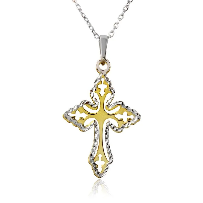 gold pendant with crystals-Gold and Rhodium Plated 925 Sterling Silver Double Cross Necklace - SOP00003