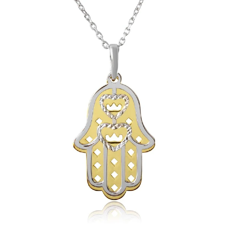 handmade custom pendant necklace-Gold and Rhodium Plated 925 Sterling Silver Hamsa with Open Hearts Necklace - SOP00006