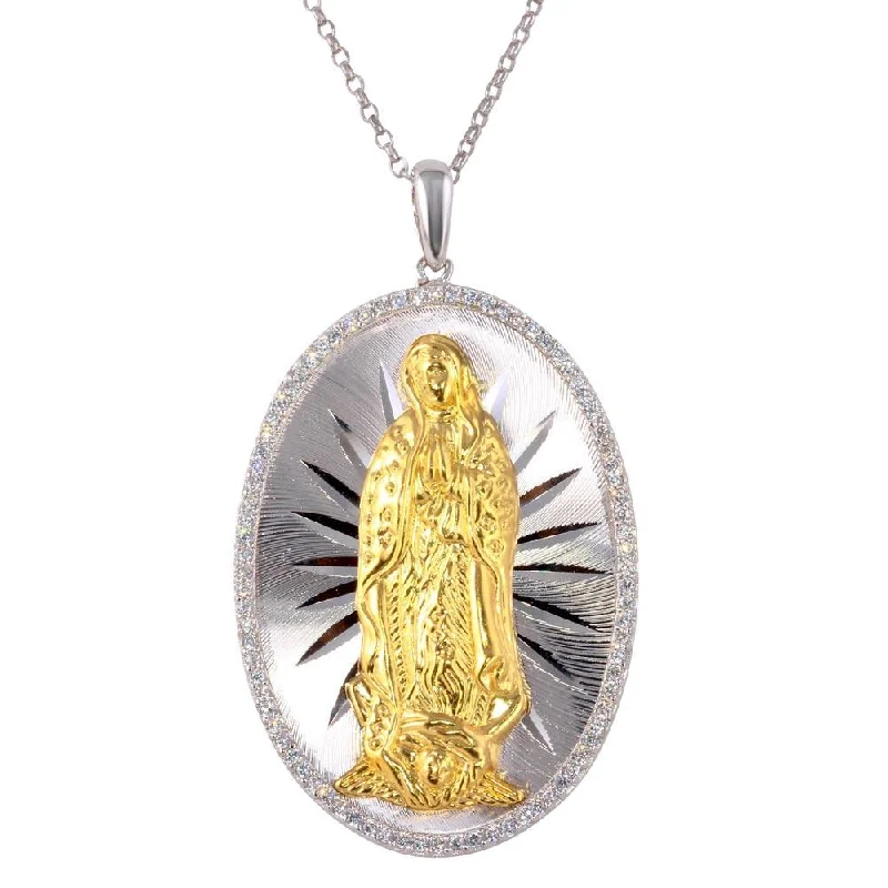 personalized gold pendant necklace-Two-Tone 925 Sterling Silver Large Virgin Mary Medallion Necklace with CZ - GMP00015GP