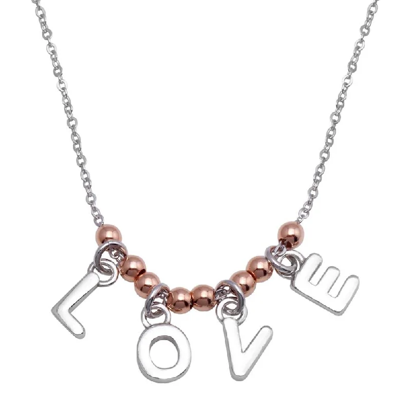 sterling silver pendant necklace for men-Rhodium Plated 925 Sterling Silver and Rose Gold Plated "Love" Necklace - SOP00088