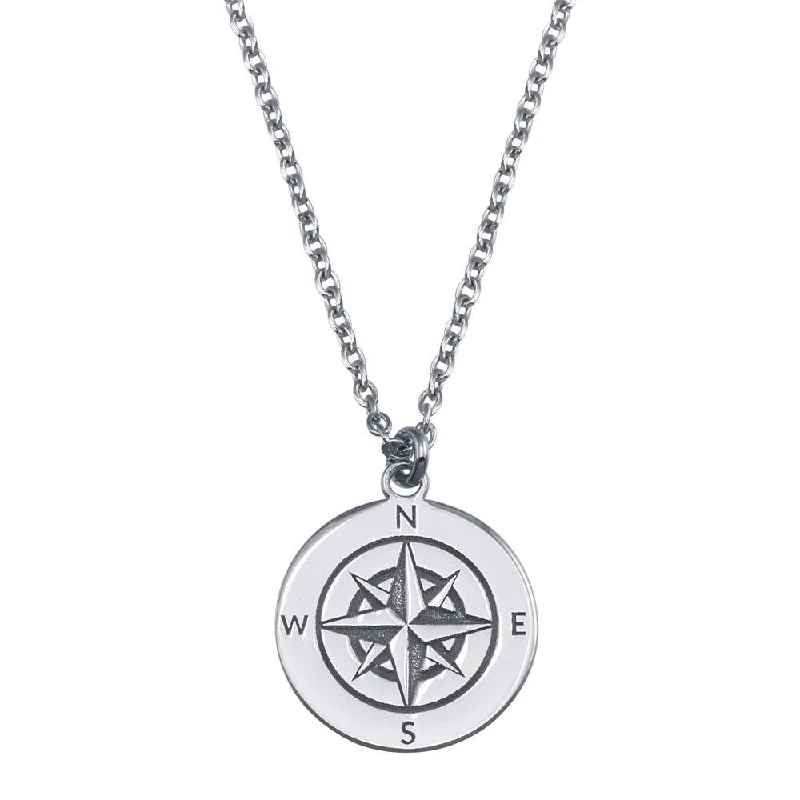 black crystal pendant necklace-Rhodium Plated 925 Sterling Silver Compass Engraved Disc Pendant Necklace - SOP00151