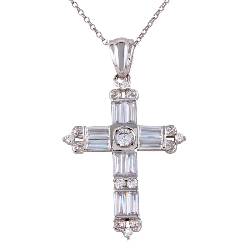 women’s delicate crystal necklace-Rhodium Plated 925 Sterling Silver CZ Cross Necklace - GMP00016