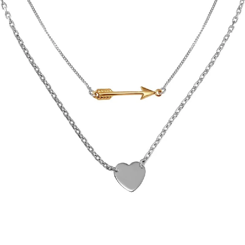 beaded charm necklace-Rhodium Plated 925 Sterling Silver Double Link Arrow and Heart Pendant Necklace - SOP00061