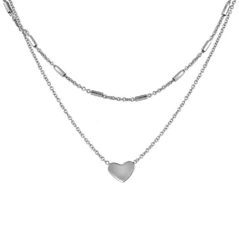 gold heart pendant necklace for girls-Rhodium Plated 925 Sterling Silver Double Link Heart Pendant Necklace - SOP00062