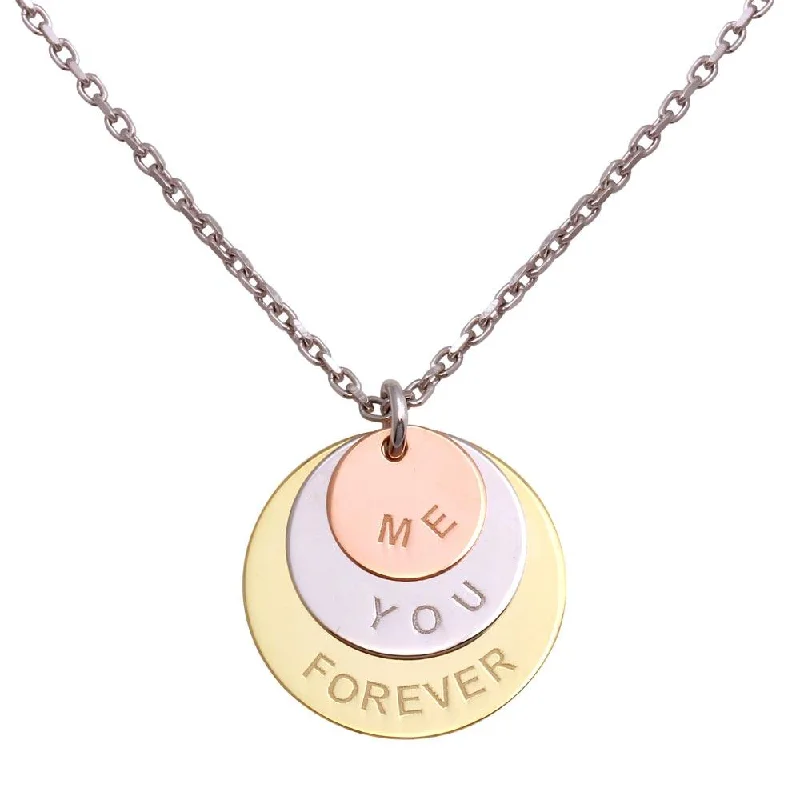 rose gold bar pendant necklace-Rhodium Plated 925 Sterling Silver Engraved " Me You Forever" Disc Pendant Necklaces - SOP00087