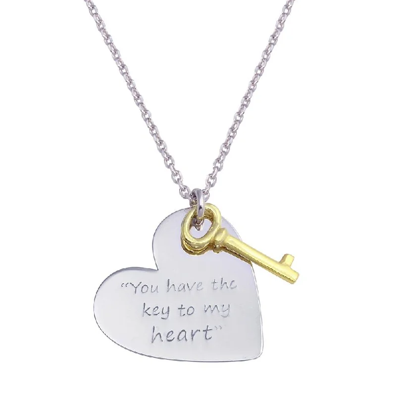 custom engraved moon necklace-Rhodium Plated 925 Sterling Silver Heart with Gold Key Necklace - SOP00110