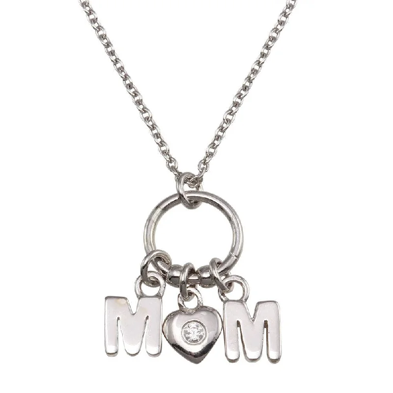 custom couple’s silver necklace-Rhodium Plated 925 Sterling Silver Mom Heart CZ Pendant Necklace - SOP00161