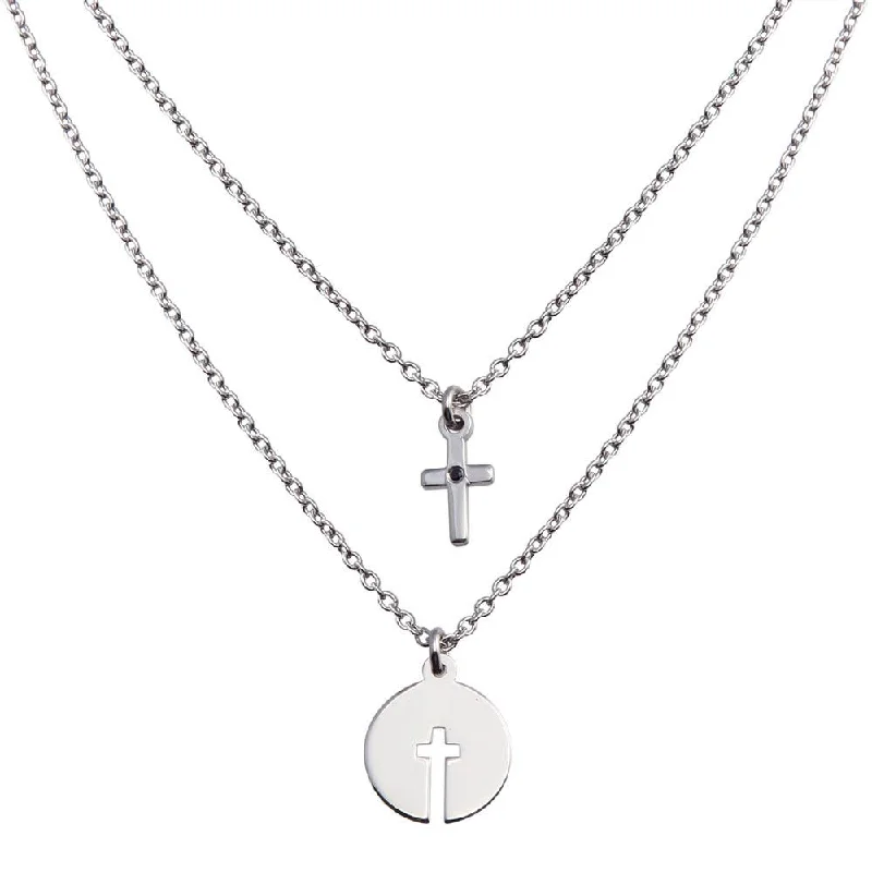 charm pendant necklace with initials-Rhodium Plated 925 Sterling Silver Cross and Cross Cutout Pendant Necklace - SOP00153