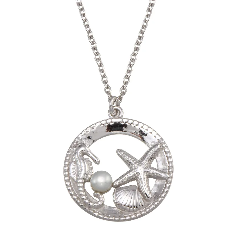 diamond and gold pendant necklace-Rhodium Plated 925 Sterling Silver Seahorse, Starfish, Clam, and Pearl Pendant Necklace - SOP00159