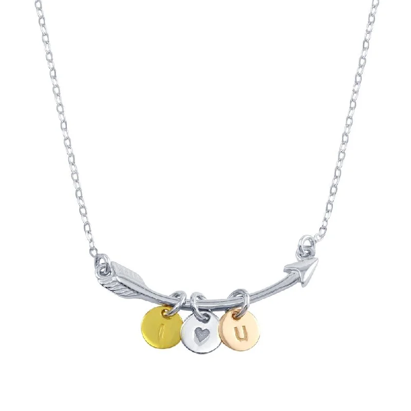 minimal gold charm necklace-Three-Tone 925 Sterling Silver Plated I Love YOU Disc on Arrow Necklace - SOP00099