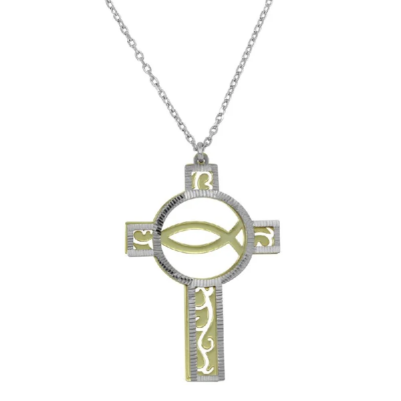 heart shaped pendant for men-Two-Tone Gold and Rhodium Plated 925 Sterling Silver  Cross Pendant Necklace - SOP00046