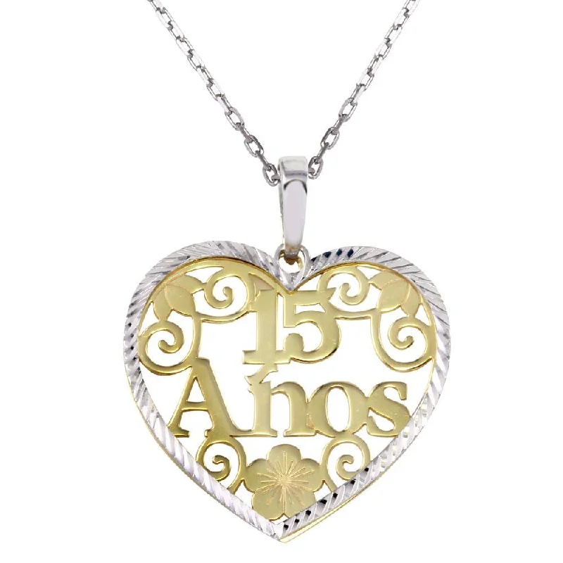 custom name charm pendant necklace-Two-Tone 925 Sterling Silver 15 Anos Heart Pendant Necklace - SOP00073