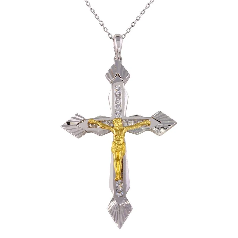 elegant necklace with pendant-Two-Tone 925 Sterling Silver CZ Crucifix Necklace - GMP00021RG