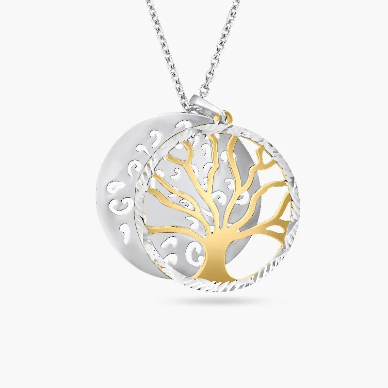 boho pendant chain necklace-Two-Tone 925 Sterling Silver Round Tree Pendant Necklace - SOP00064