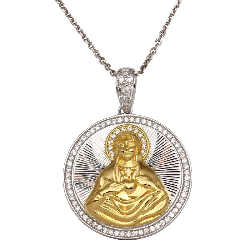 men’s pendant necklace with initials-Two-Tone 925 Sterling Silver Round Virgin Mary Pendant Necklace with CZ - GMP00014RG