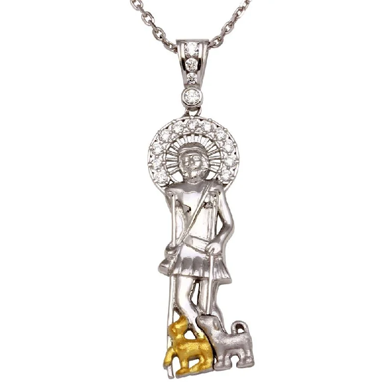 handmade silver heart necklace-Two-Tone 925 Sterling Silver Saint Lazarus Pendant Necklace with CZ - GMP00009RG