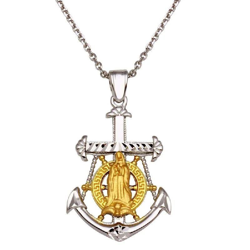 engraved couple’s necklace-Two-Tone 925 Sterling Silver Virgin Mary Anchor Pendant Necklace - GMP00010RG