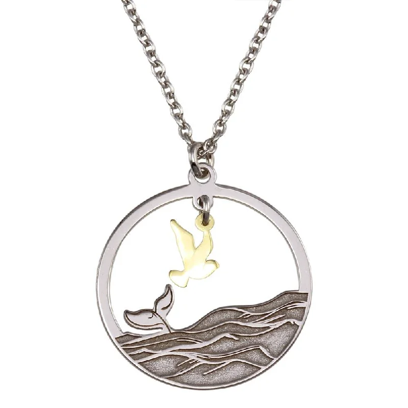 retro style pendant necklace-925 Sterling Silver Two Toned Whale Tail and Bird Pendant Necklace - SOP00157