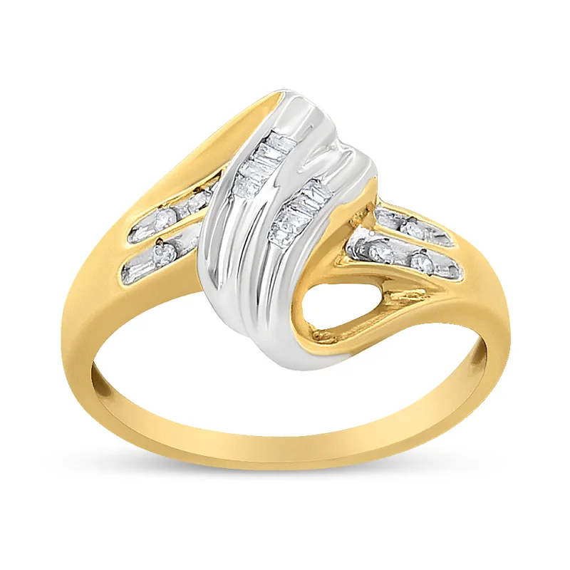 women’s wedding rings with square diamonds-10K Yellow and White Gold 1.00 Cttw Round And Baguette-Cut Diamond Accent Bypass Ring