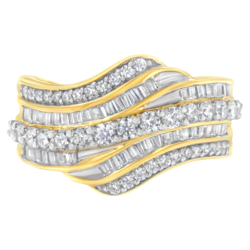 rings for women with garnet gemstones-10K Yellow Gold 1.0 Cttw Baguette and Round Diamond Multi-Row Wave Bypass Ring