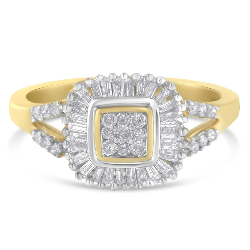 women’s wedding rings with diamond eternity bands-10K Yellow Gold Round and Baguette Cut Diamond Ballerina Ring