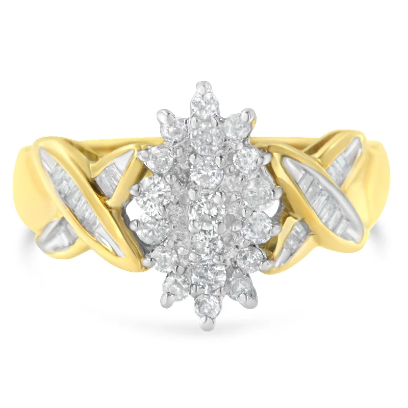 engagement rings with double bands for women-10K Yellow Gold Round And Baguette-Cut Diamond Ring